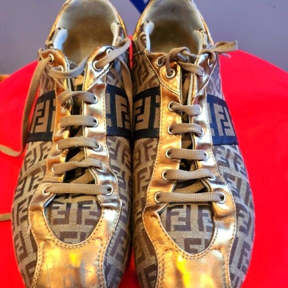 Fendi Shoes - Fendi Metallic Gold and Brown Logo Sneakers